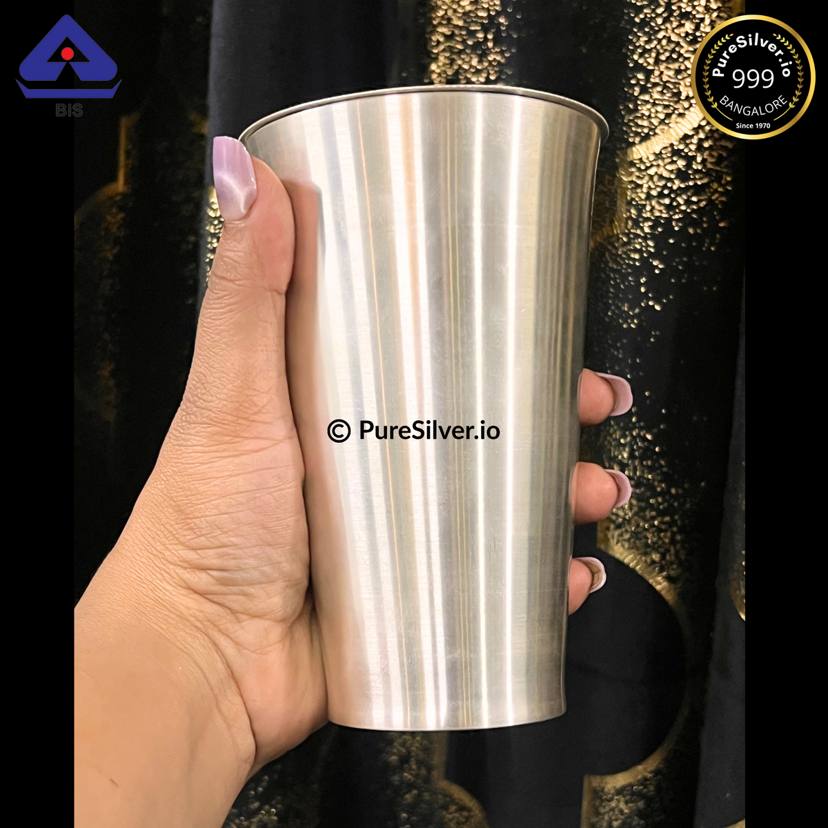 999 Fine Silver Tumbler with Lid for Drinking Water - 450 ml (~275 grams) | BIS Hallmarked, Satin Matt Finished, Marwadi Pattern