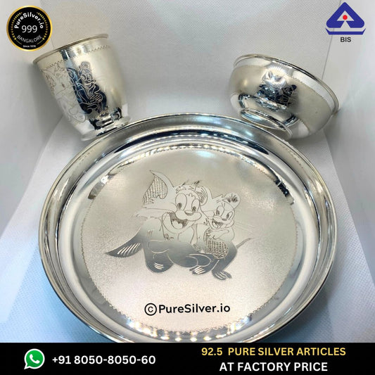 7.25 inches Pure Silver Dinner Set for Baby ~220 gms -  | Custom Orders & Bulk from Silver Factory