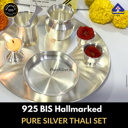 Luxury 925 Pure Silver Pooja Thali Set, 500 grams, BIS Hallmarked