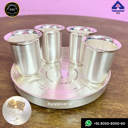 999 Pure Silver Glass Set with 990 BIS Hallmark - Set of 4 with Silver Tray / Silver Plate -  | Custom Orders & Bulk from Silver Factory