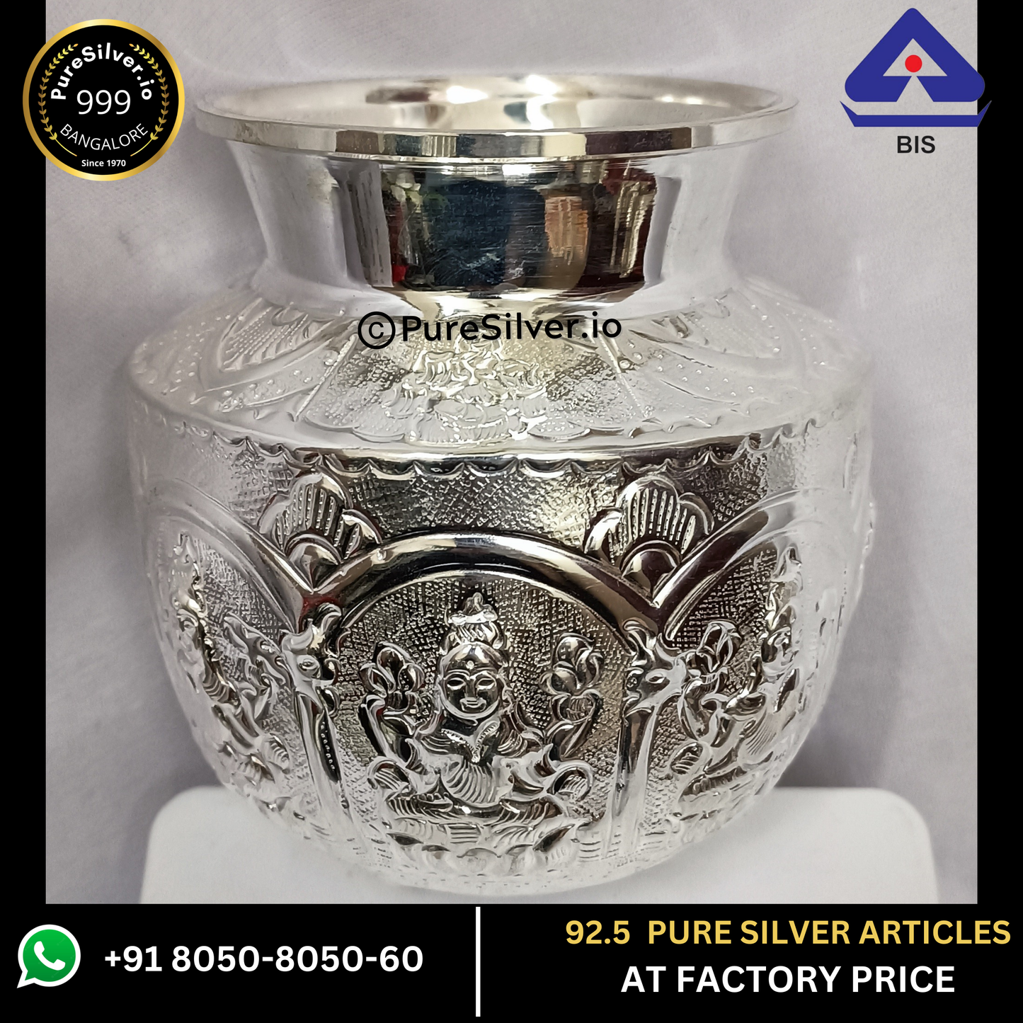 Pure Silver Kalash - Ashtalakshmi Chambu With Weights (300 - 500 gms) | Custom Orders & Bulk from Silver Factory