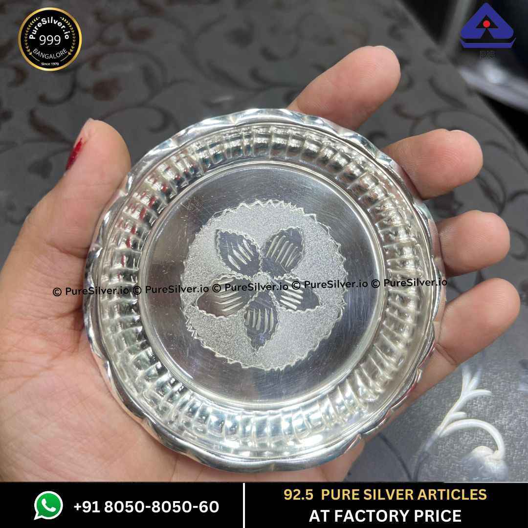 Pure Silver Arivana Kamal Radha Plate for Pooja Floral Design and Matt Finished, 20 grams, BIS Hallmarked