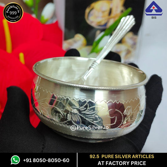 925 Pure Silver Bowl with Spoon - 3" * 1.5" - Bayl Matka Pattern