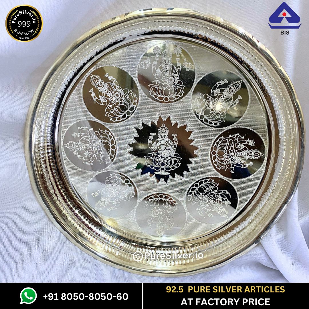 10.75" Ashtalakshmi Silver Plate for Pooja with 925 BIS Hallmark ~430 gms