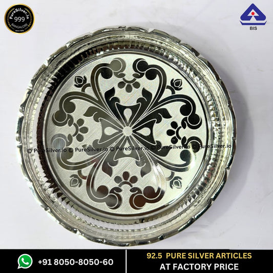 128 grams BIS Hallmarked Silver Arivana Kamal Radha Plate for Pooja - Floral Design and Matt Finished -  | Custom Orders & Bulk from Silver Factory