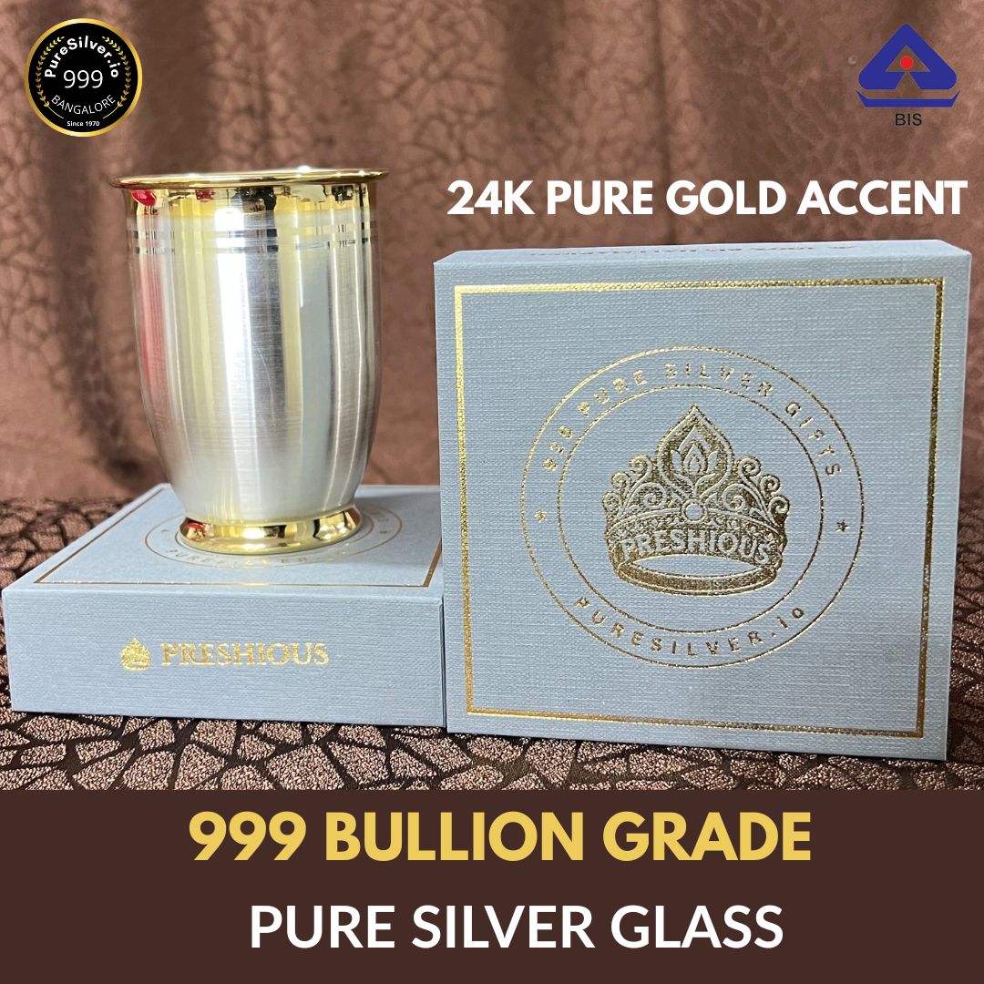 200 ml, Luxury Silver Glass with 24k Pure Gold Accent, 990 BIS Hallmarked