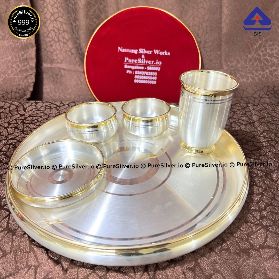 5 Pcs Luxury 24k Pure Gold Accent Sterling Silver Dinner Set, 925 BIS Hallmark