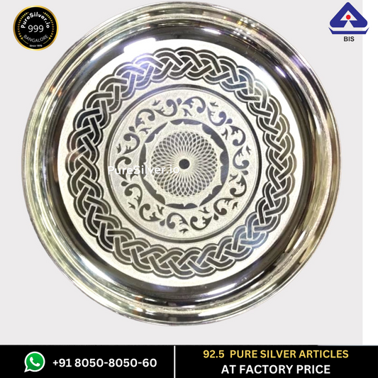 WHOLESALE PRICE PRICE: Pure Silver Plate - Designer Bangalore Silver Thali (6 to 12 inches / 100 gms to 630 gms)