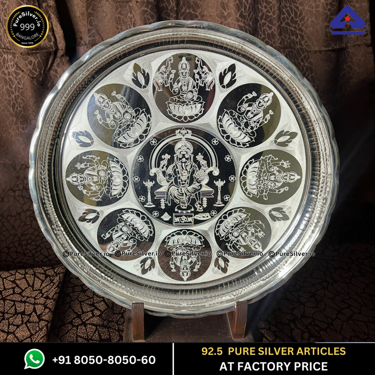 925 Silver Plate for Pooja - 11.25" to 13" Ganesha Ashtalakshmi Design | BIS Hallmarked Pure Silver - PureSilver.io