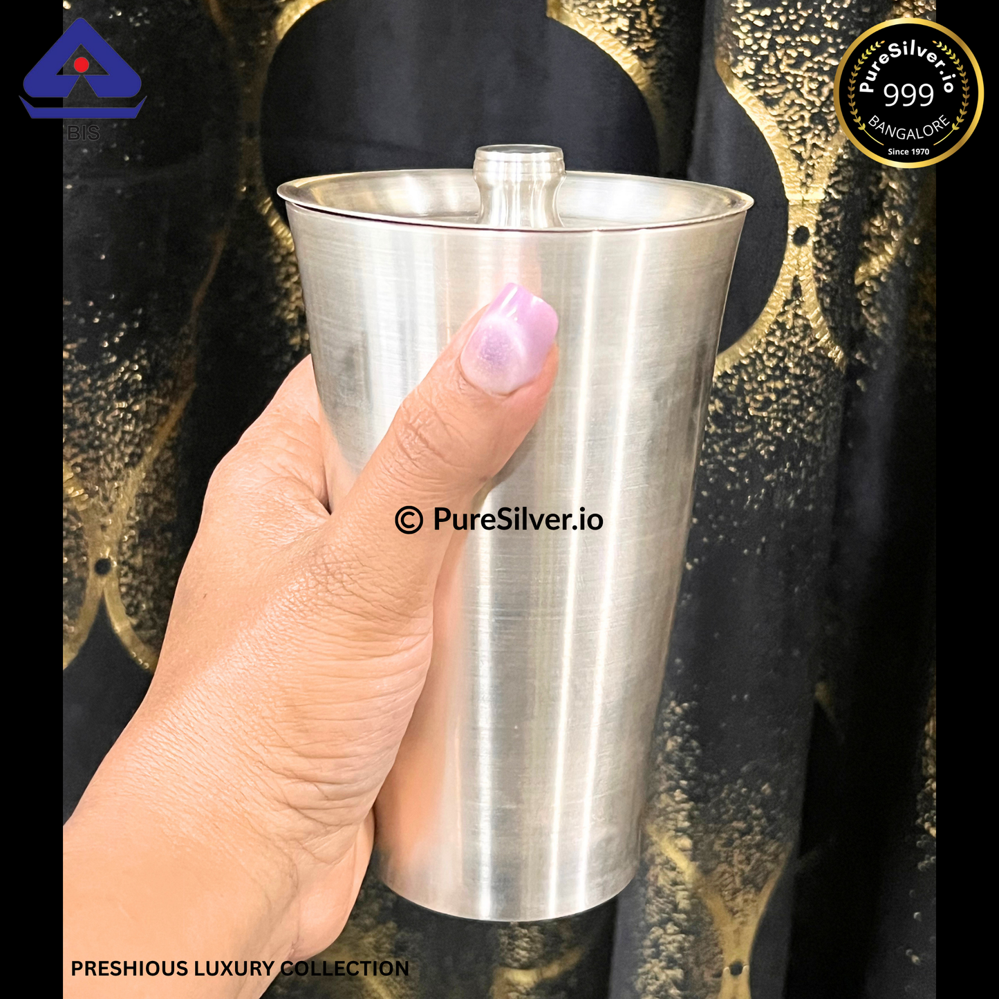 999 Fine Silver Tumbler with Lid for Drinking Water - 450 ml (~275 grams) | BIS Hallmarked, Satin Matt Finished, Marwadi Pattern