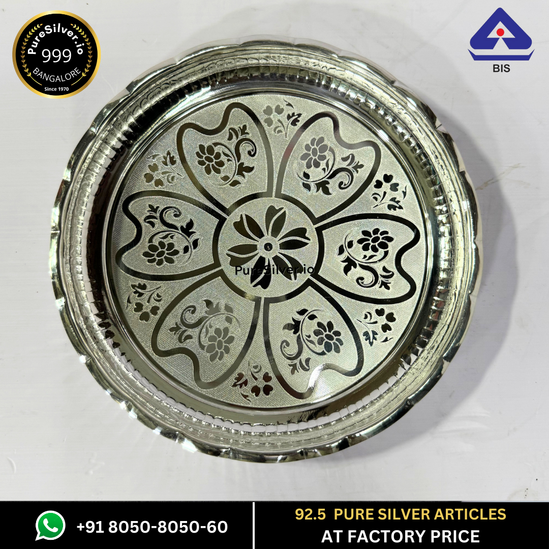 WHOLESALE PRICE PRICE: Pure Silver Plate - Responsive Floral Arivana Silver Plate for Pooja (9 to 12 inches / 200 gms to 725 gms)