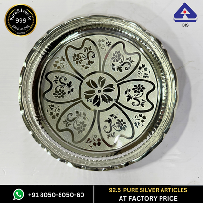 WHOLESALE PRICE PRICE: Pure Silver Plate - Responsive Floral Arivana Silver Plate for Pooja (9 to 12 inches / 200 gms to 725 gms)