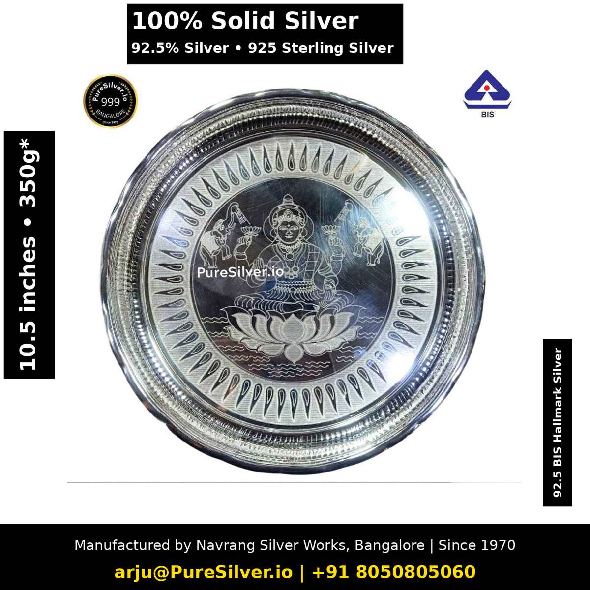 925 Sterling Silver Pooja Thali Set for Mandir & Rituals - 10.5 inches - Approx. 350 grams | Arivana Pattern, Lakshmi | BIS Hallmarked; original photograph with Claude overlay