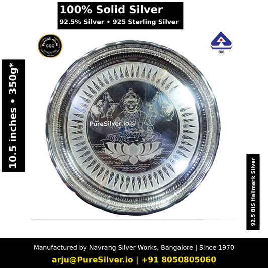 925 Sterling Silver Pooja Thali Set for Mandir & Rituals - 10.5 inches - Approx. 350 grams | Arivana Pattern, Lakshmi | BIS Hallmarked; original photograph with Claude overlay