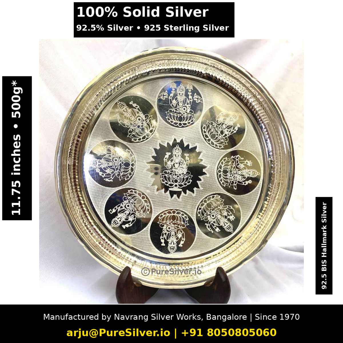 925 Sterling Silver Pooja Thali Set for Mandir & Rituals - 11.75 inches - Approx. 500 grams | Arivana Pattern, Ashtalakshmi | BIS Hallmarked; original photograph with Claude overlay