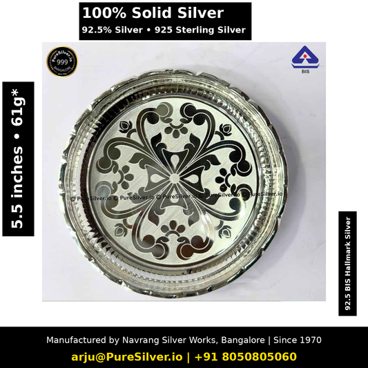 925 Sterling Silver Plate for Pooja & Dining - 5.5 inches (~61 grams) Arivana Pattern, Floral Pinwheel Engraved | BIS Hallmarked; original photograph with Claude overlay