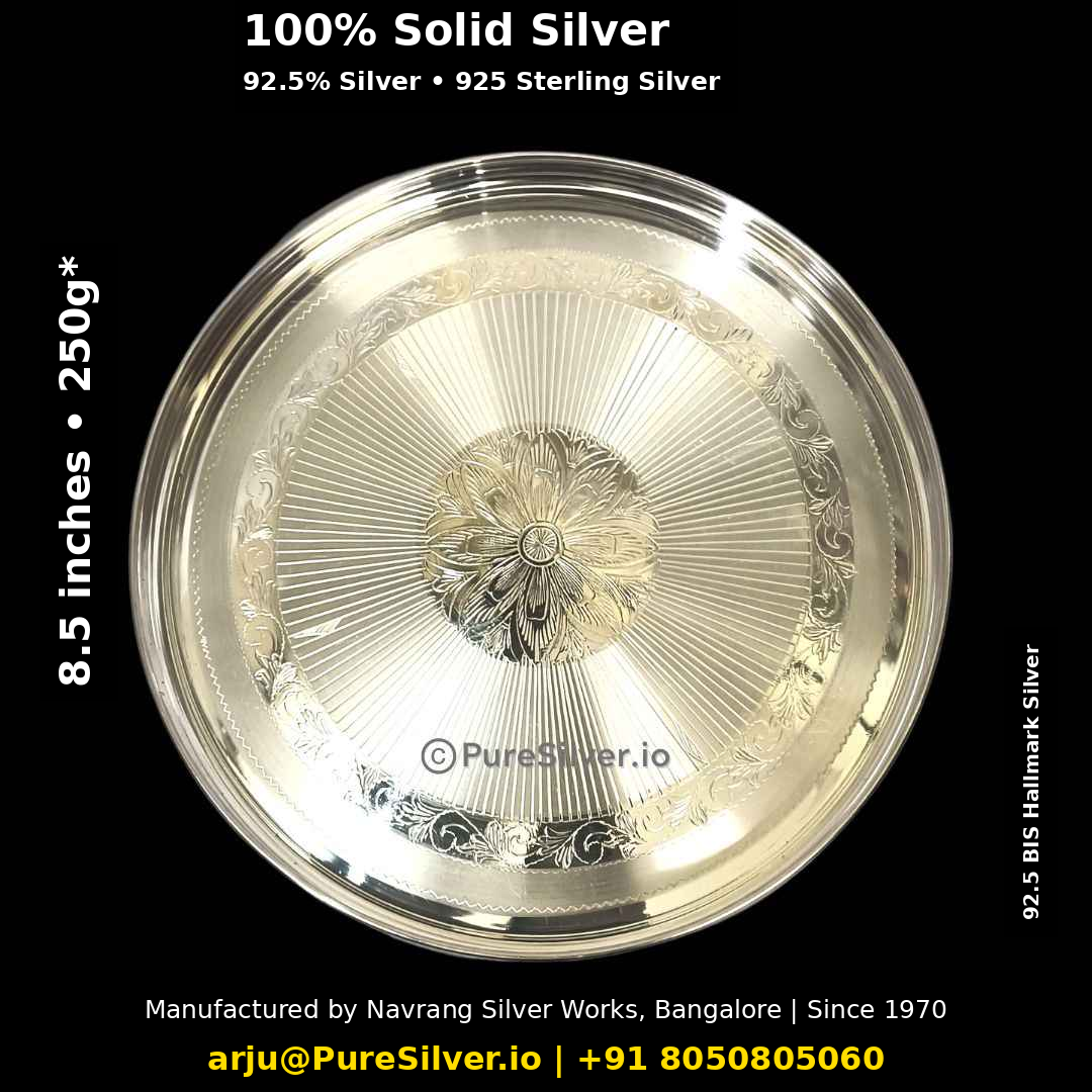 Solid 925 sterling silver Sunburst Bangalore plate, 8.5 inches, approximately 250 grams; original product photograph with Claude text overlay