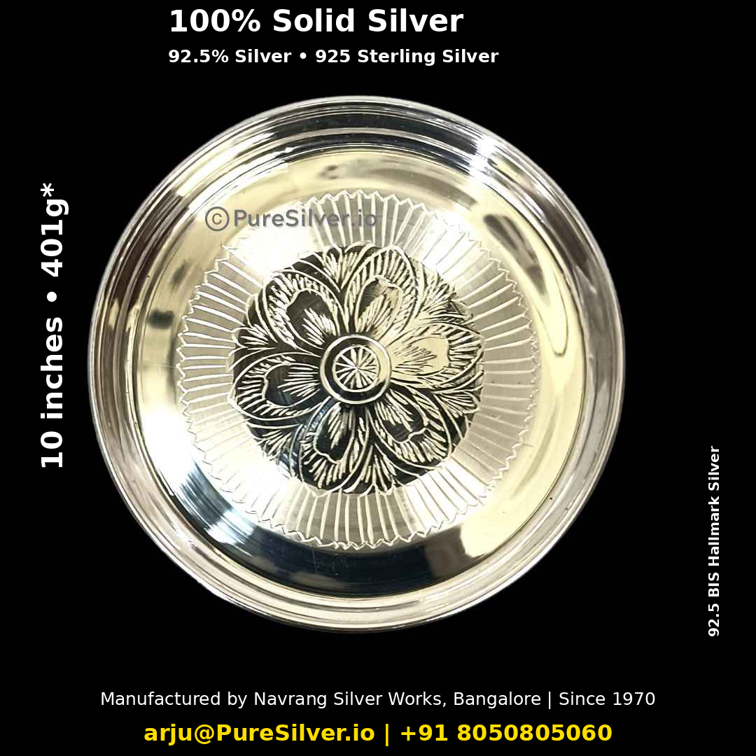 925 Sterling Silver Plate for Pooja & Dining - 10 inches (~401 grams) Bangalore Pattern, Floral Rosette Center | BIS Hallmarked; original photograph with Claude overlay