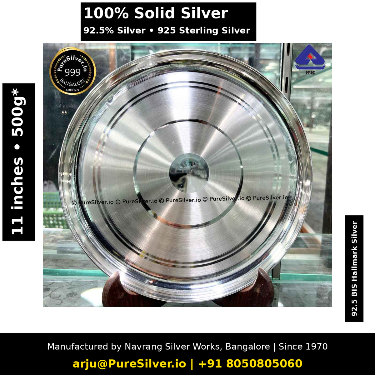 925 Sterling Silver Plate for Pooja & Dining - 11 inches (~500 grams) Bangalore Pattern, Ringed Bands, Mirror | BIS Hallmarked; original photograph with Claude overlay