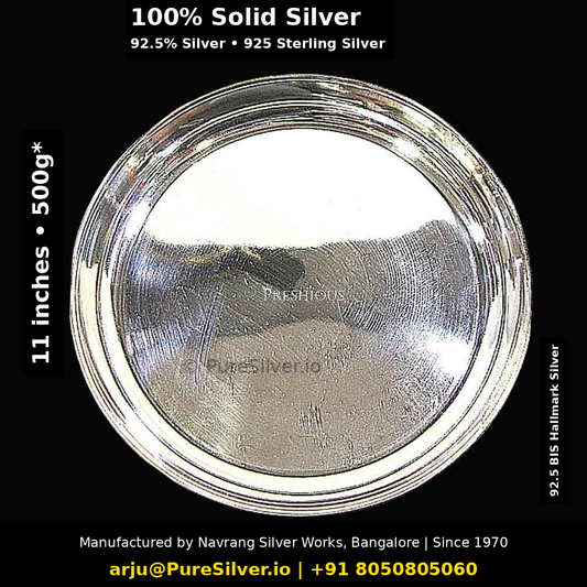 925 Sterling Silver Plate for Pooja & Dining - 11 inches (~500 grams) Bangalore Pattern, Plain, Mirror | BIS Hallmarked; original photograph with Claude overlay