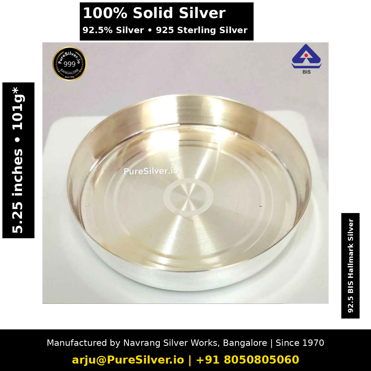925 Sterling Silver Plate for Pooja & Dining - 5.25 inches (~101 grams) Bombay Pattern, Plain, Matt | BIS Hallmarked; original photograph with Claude overlay