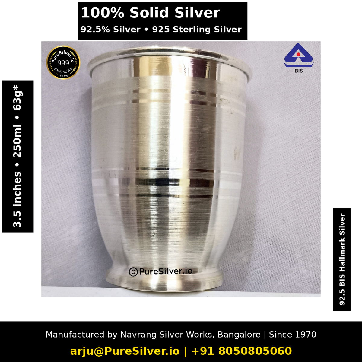 925 Sterling Silver Glass for Drinking Water - 250 ml, 3.5 inches (~63 grams) Chico Pattern, Ringed Bands, Matt | BIS Hallmarked; original photograph with Claude overlay