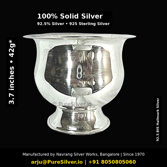 925 Sterling Silver Bowl / Katori for Baby Feeding & Pooja - 3.7 x 1.9 inches (~42 grams) Delhi Pattern, Footed Pedestal Cup, Mirror | BIS Hallmarked; original photograph with Claude overlay
