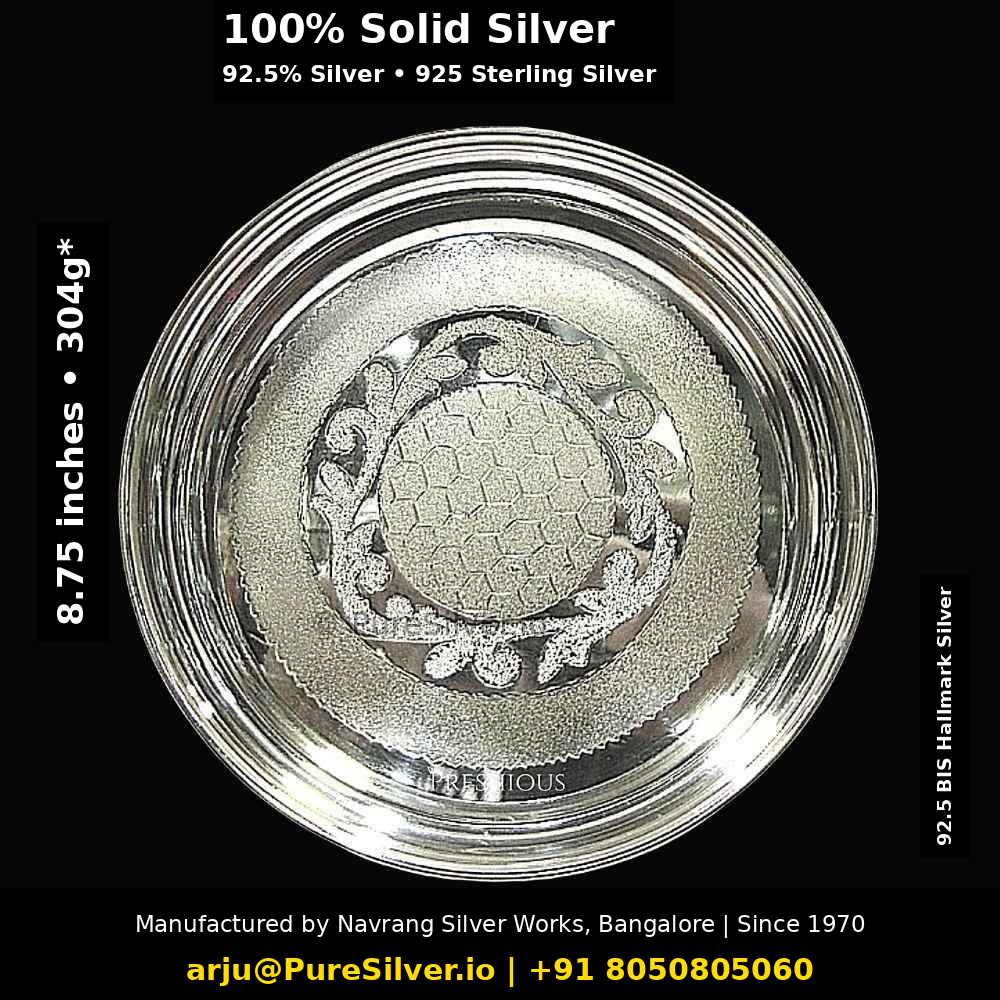 925 Sterling Silver Plate for Pooja & Dining - 8.75 inches (~304 grams) Matka Pattern (Var 2), Honeycomb Floral Medallion | BIS Hallmarked; original photograph with Claude overlay
