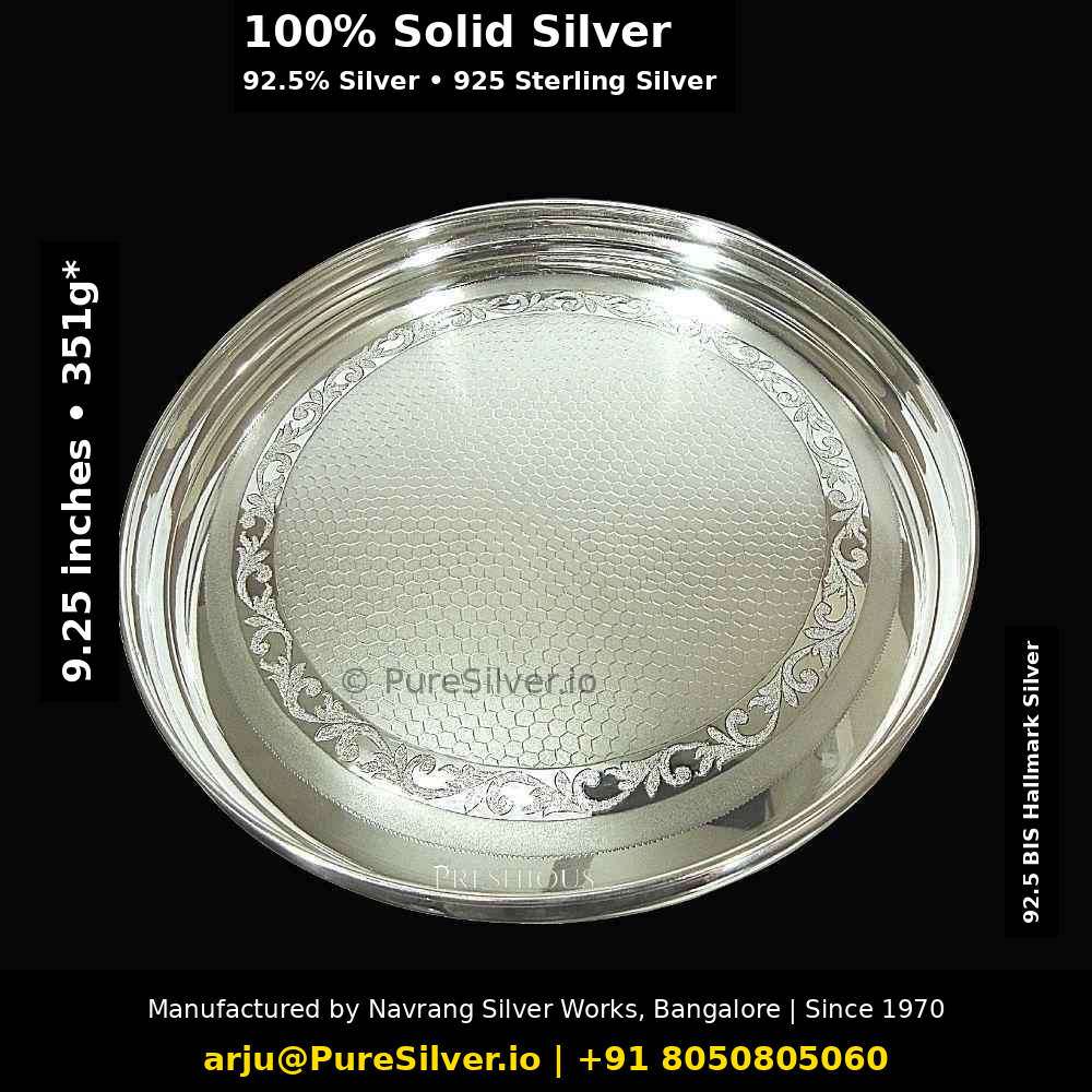 925 Sterling Silver Plate for Pooja & Dining - 9.25 inches (~351 grams) Matka Pattern, Honeycomb Floral Border | BIS Hallmarked; original photograph with Claude overlay
