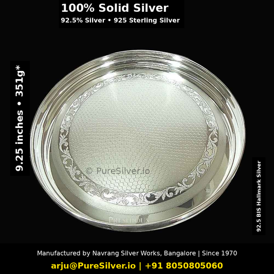925 Sterling Silver Plate for Pooja & Dining - 9.25 inches (~351 grams) Matka Pattern, Honeycomb Floral Border | BIS Hallmarked; original photograph with Claude overlay