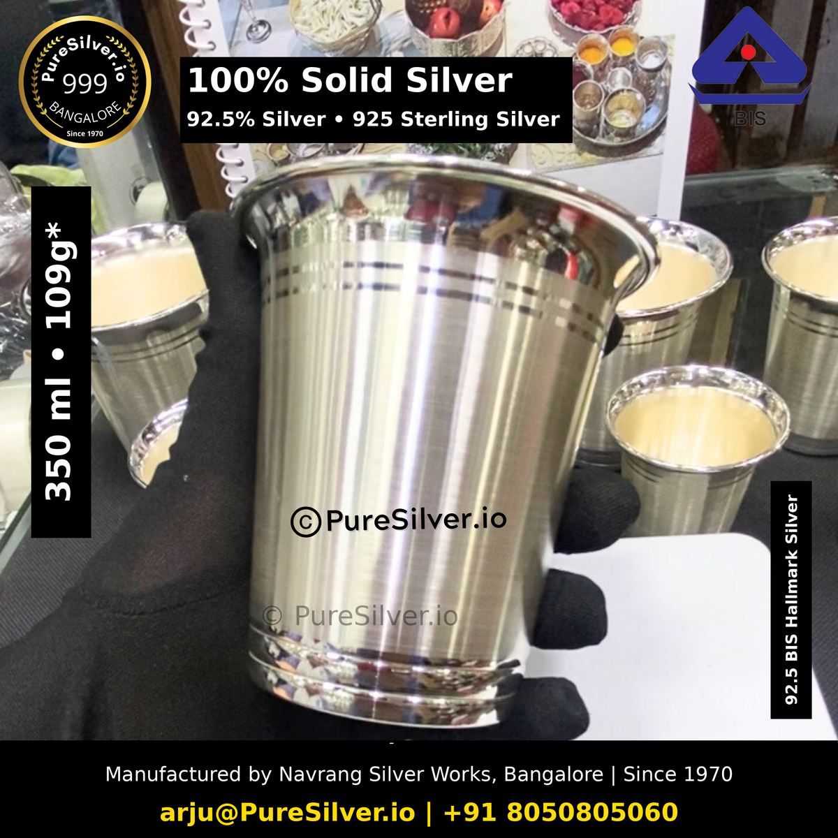 100% Solid Silver glass. 92.5% Silver • 925 Sterling Silver. Original photograph with verified capacity label, manufacturer contact details and subtle PureSilver.io watermark.