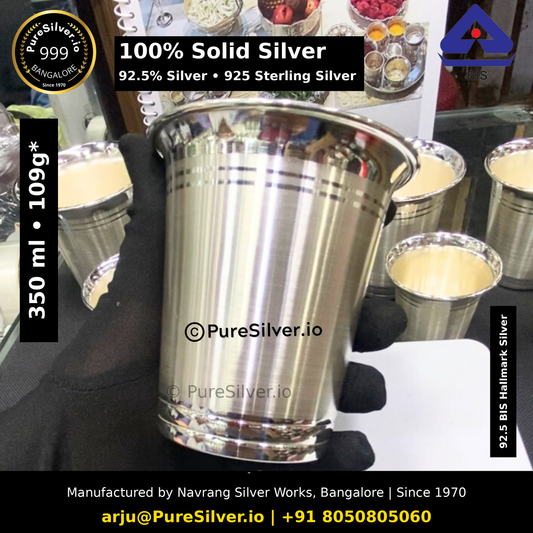 100% Solid Silver glass. 92.5% Silver • 925 Sterling Silver. Original photograph with verified capacity label, manufacturer contact details and subtle PureSilver.io watermark.