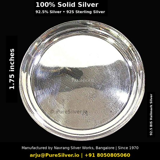 100% Solid Silver. 92.5% Silver • 925 Sterling Silver. Original photograph with verified capacity or width label, PureSilver.io watermark and manufacturer details.