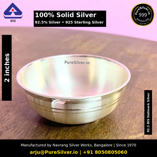 100% Solid Silver bowl. 92.5% Silver • 925 Sterling Silver. Original photograph with verified width label, preserved PureSilver.io watermark and manufacturer details.