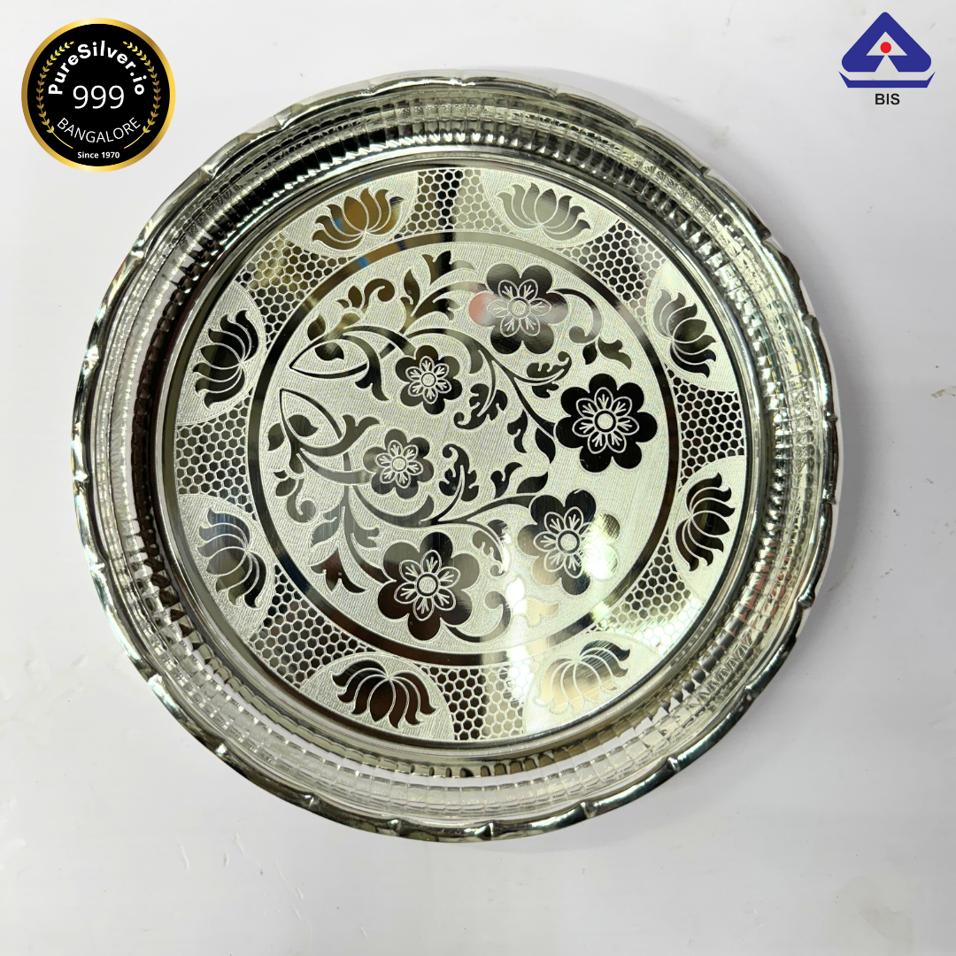 Resell: Pure Silver Plate - Arivana Designer Lotus Silver Plate for Pooja (9 to 12 inches / 200 gms to 725 gms)