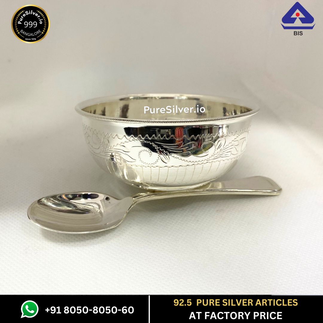 925 Pure Silver Bowl with Spoon - 3.5" * 1.75" - Bayl Delhi Pattern