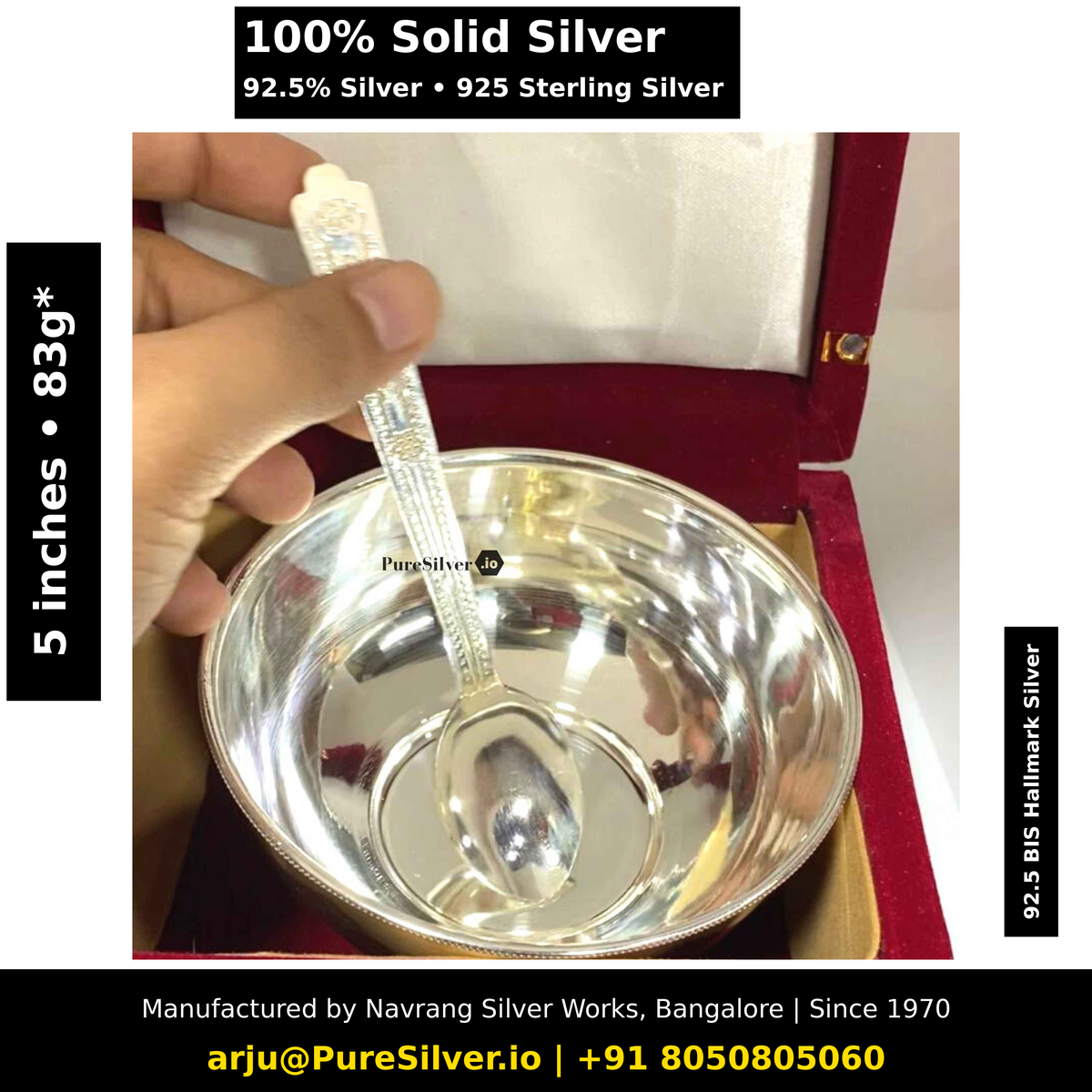 925 Sterling Silver Bowl / Katori with Spoon for Baby Feeding & Pooja - 5 x 2.2 inches (~83 grams) Delhi Pattern, Mirror | BIS Hallmarked; original photograph with Claude overlay