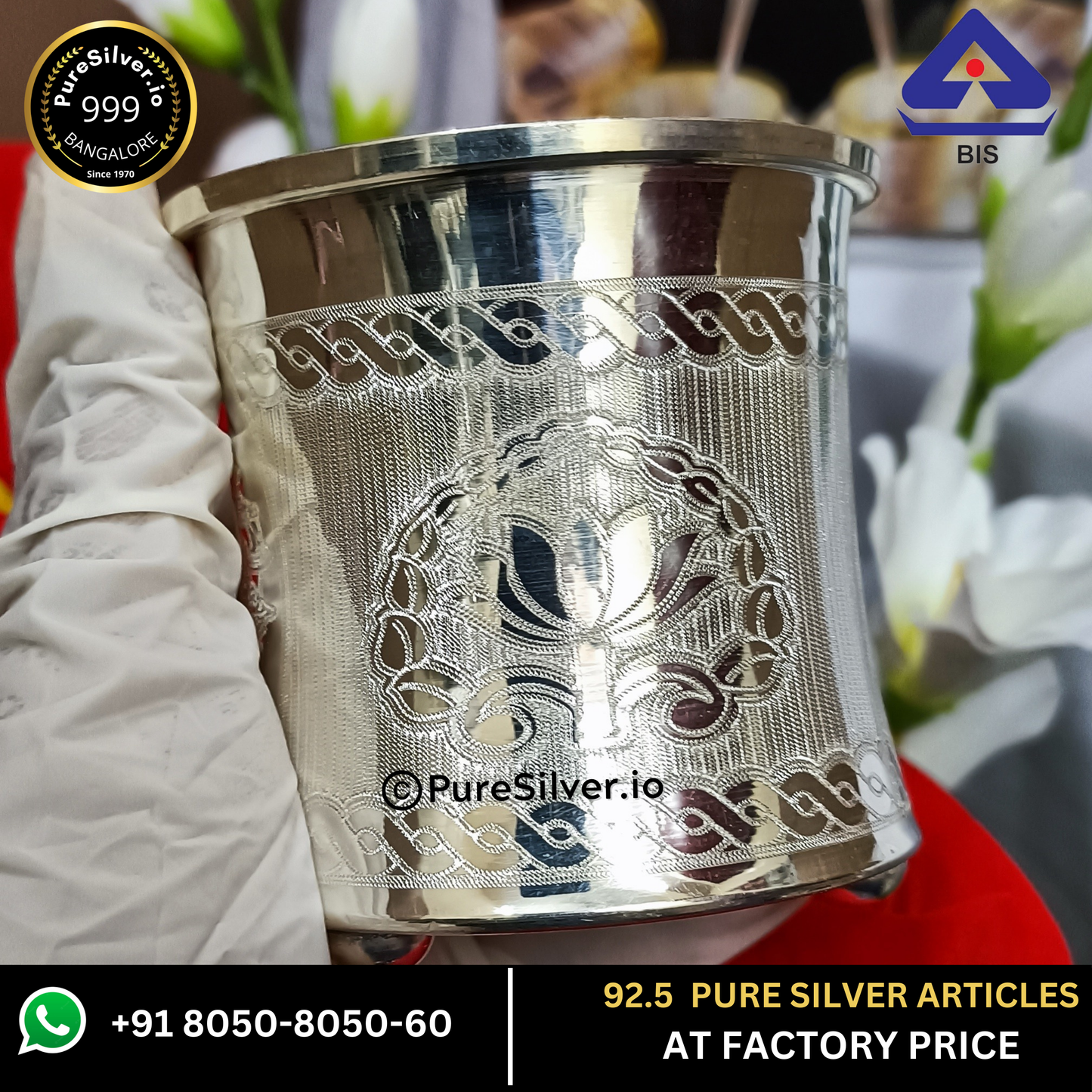 Pure Silver Floral Panchapatra With Weights (60 - 160 grams) | Custom Orders & Bulk from Silver Factory