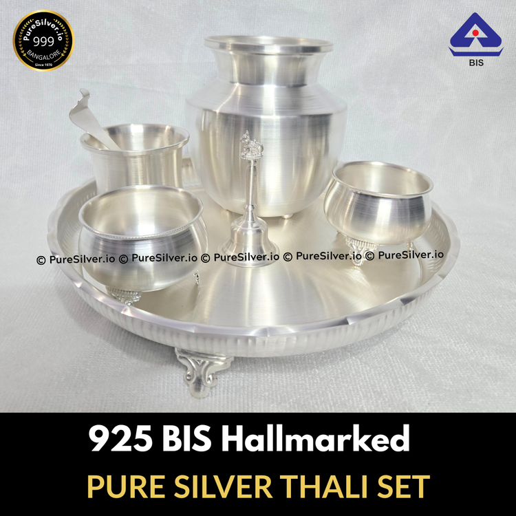 7 Pcs Pure Silver Pooja Thali Set, 1 Kg, 925 BIS Hallmarked - PureSilver.io