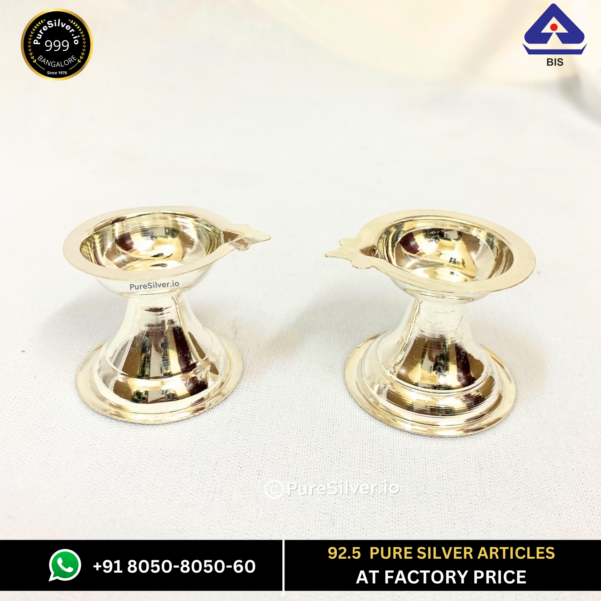 925 Sterling Silver Diya Ek Mukhi [Set of 2] - 80 grams -