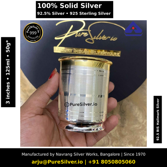 925 Sterling Silver Rasna Glass with 24k Gold Accent - 50g | 125ml | 3in | BIS Hallmarked; original photograph with Claude overlay