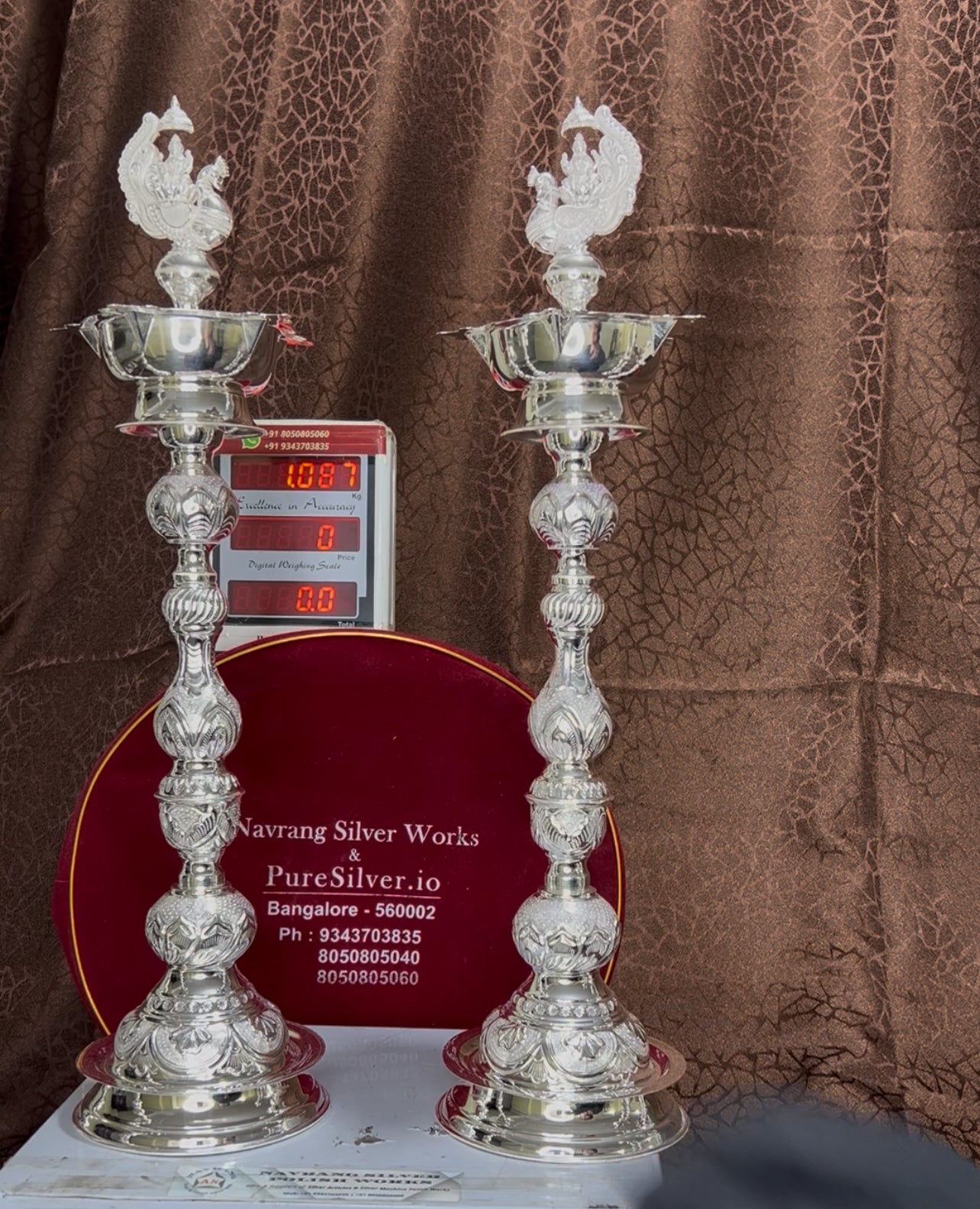 Luxury 925 Silver Lakshmi Hamsa Designer Long Lamps [Set of 2], BIS Hallmarked