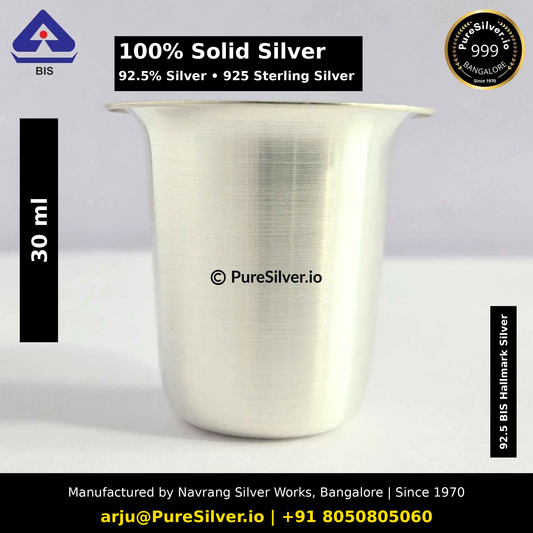 100% Solid Silver. 92.5% Silver • 925 Sterling Silver. Original photograph with verified capacity or width label, PureSilver.io watermark and manufacturer details.