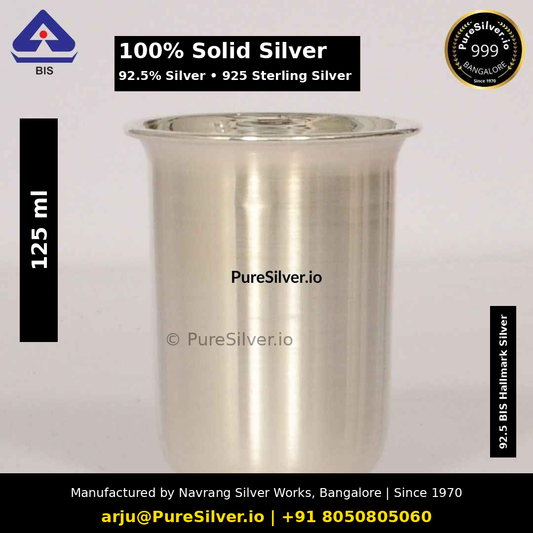 100% Solid Silver glass. 92.5% Silver • 925 Sterling Silver. Original photograph with verified capacity label, manufacturer contact details and subtle PureSilver.io watermark.