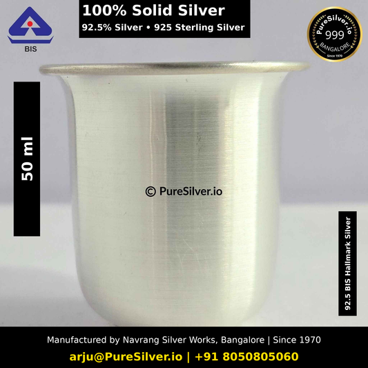100% Solid Silver. 92.5% Silver • 925 Sterling Silver. Original photograph with verified capacity or width label, PureSilver.io watermark and manufacturer details.