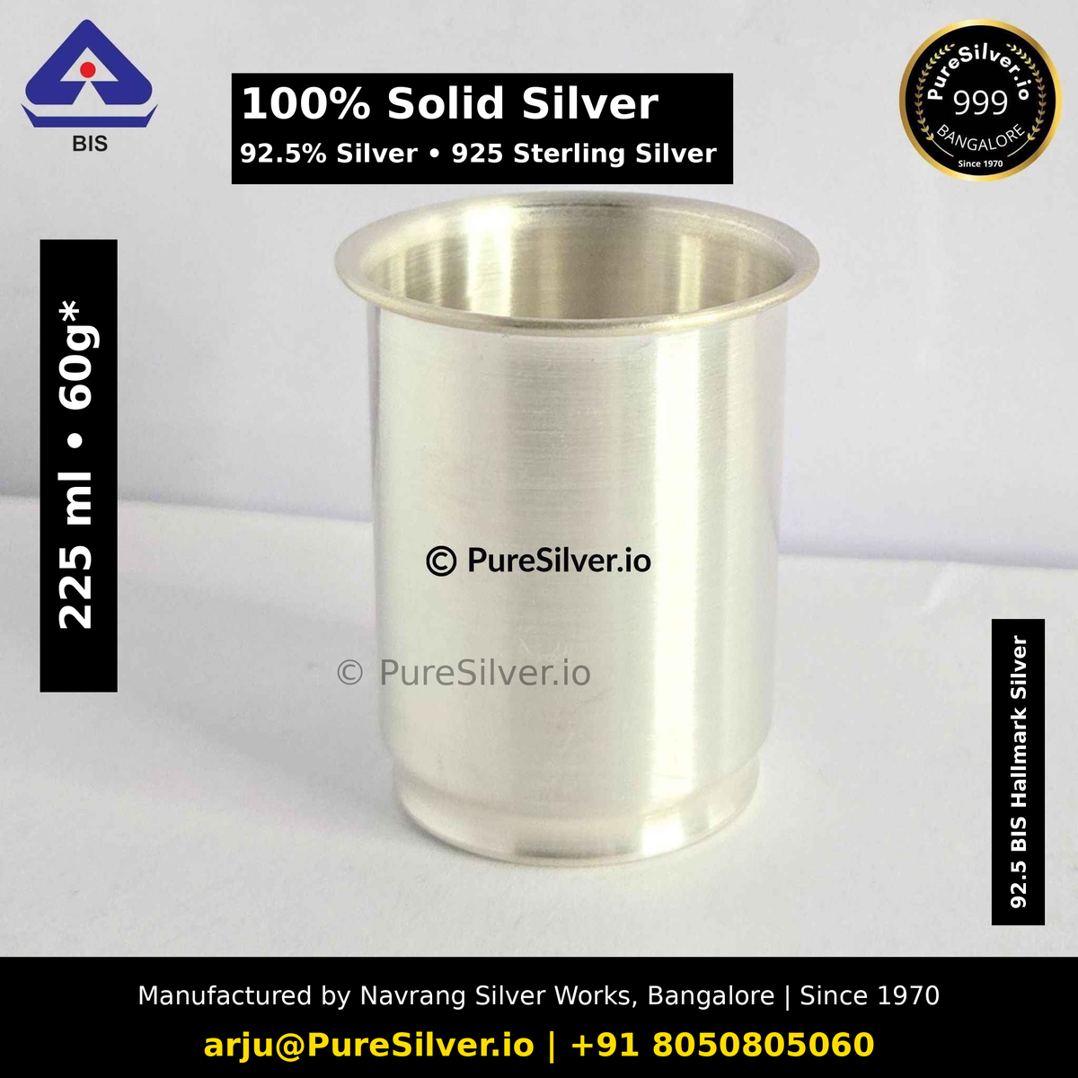 100% Solid Silver glass. 92.5% Silver • 925 Sterling Silver. Original photograph with verified capacity label, manufacturer contact details and subtle PureSilver.io watermark.