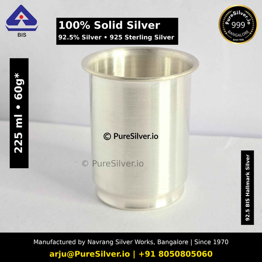 100% Solid Silver glass. 92.5% Silver • 925 Sterling Silver. Original photograph with verified capacity label, manufacturer contact details and subtle PureSilver.io watermark.