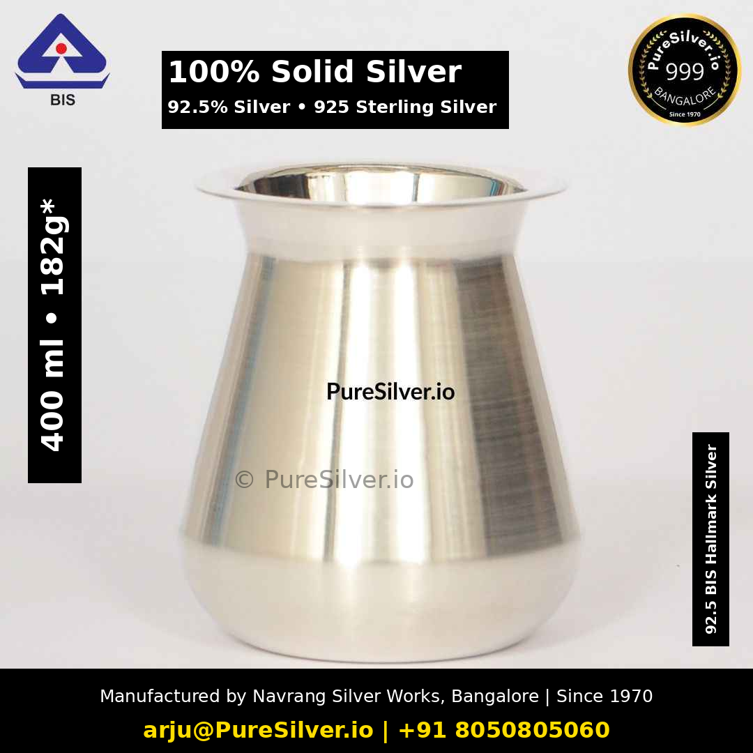 100% Solid Silver glass. 92.5% Silver • 925 Sterling Silver. Original photograph with verified capacity label, manufacturer contact details and subtle PureSilver.io watermark.
