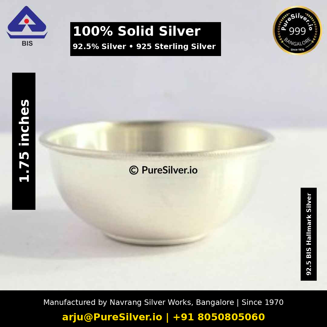 100% Solid Silver bowl. 92.5% Silver • 925 Sterling Silver. Original photograph with verified width label, preserved PureSilver.io watermark and manufacturer details.