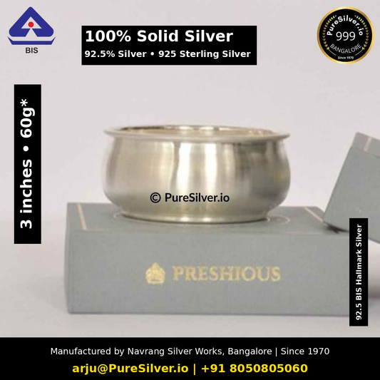 Solid 925 sterling silver Matka B bowl, 3 inches, approximately 60 grams; original photograph with Claude text overlay
